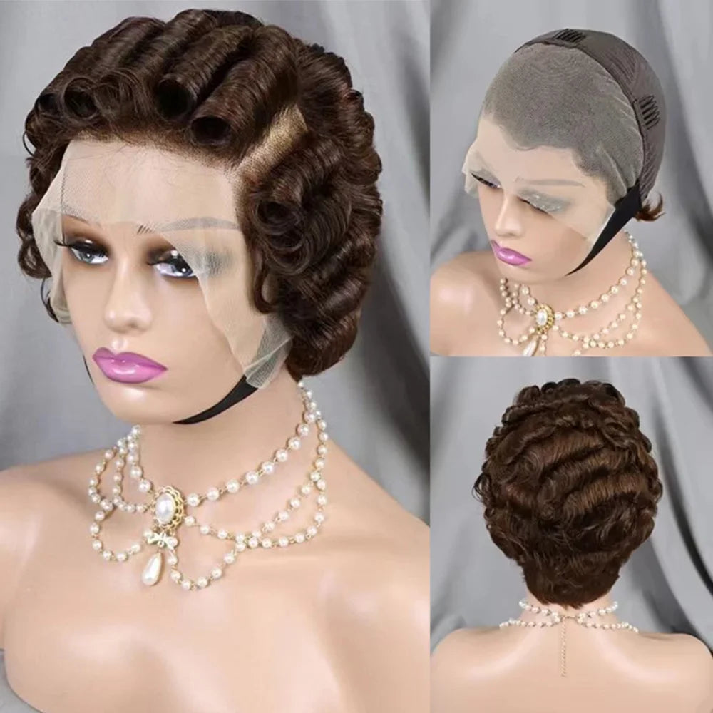 Full Hand Weaving Short Curly Wig 13*4 Lace Frontal Design Brazilian Virgin Remy Human Hair New Style Comfortable & Natural Fit