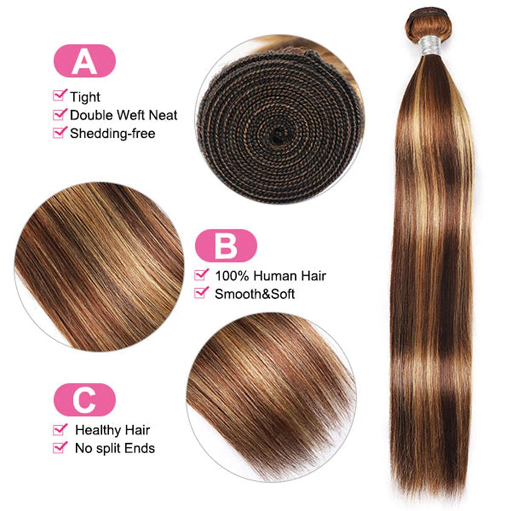 Highlighted Straight Human Hair Bundles With 4x4 HD Lace Closure Pre-Plucked P4/27 Color Peruvian Remy Hair Extention 220g/Set