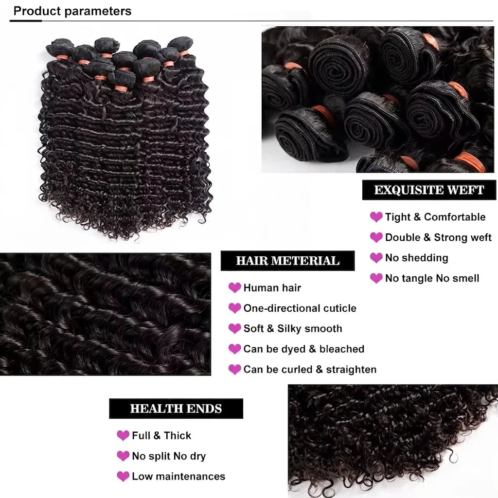 26 34 38 Inch Deep Wave Human Hair Bundles Brazilian Remy Unprocessed Weaving Curly Hair Bundles Weave Extensions Deals