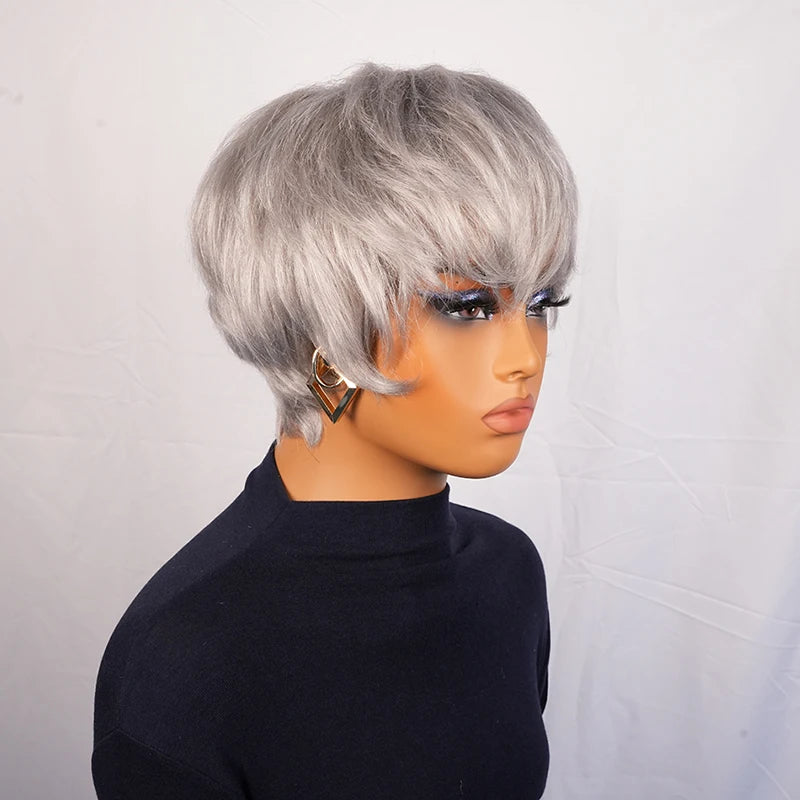 Silvery Grey Pixie Cut Human Hair Wig with Bangs Remy Brazilian Glueless Short Layered Pixie Cut Wig Straight Bob for Women