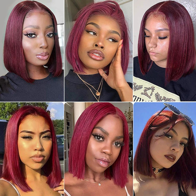 13x4 Burgundy HD Transparent Short Bob Human Hair Wigs Brazilian 99J Straight Colored Bob Lace Front Wigs For Women Pre Plucked