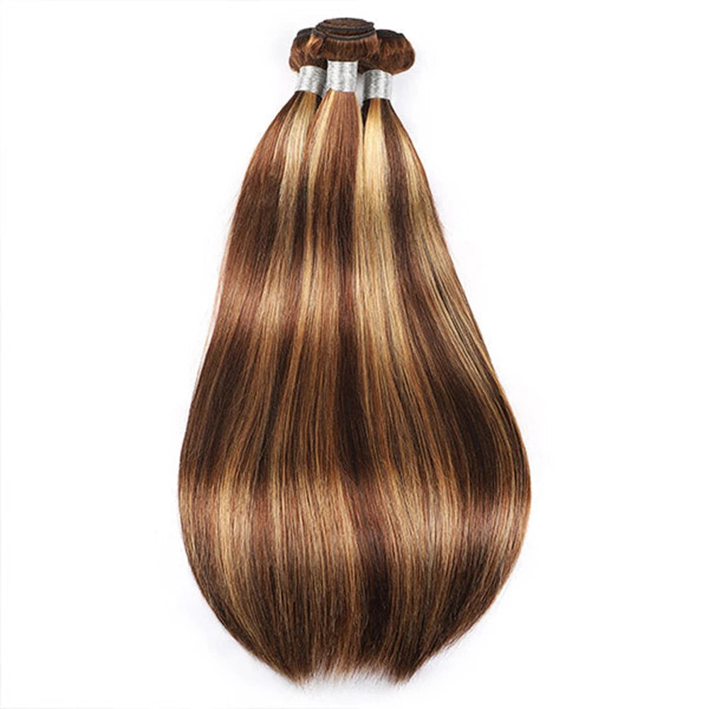 Highlighted Straight Human Hair Bundles With 4x4 HD Lace Closure Pre-Plucked P4/27 Color Peruvian Remy Hair Extention 220g/Set