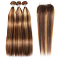 Highlighted Straight Human Hair Bundles With 4x4 HD Lace Closure Pre-Plucked P4/27 Color Peruvian Remy Hair Extention 220g/Set