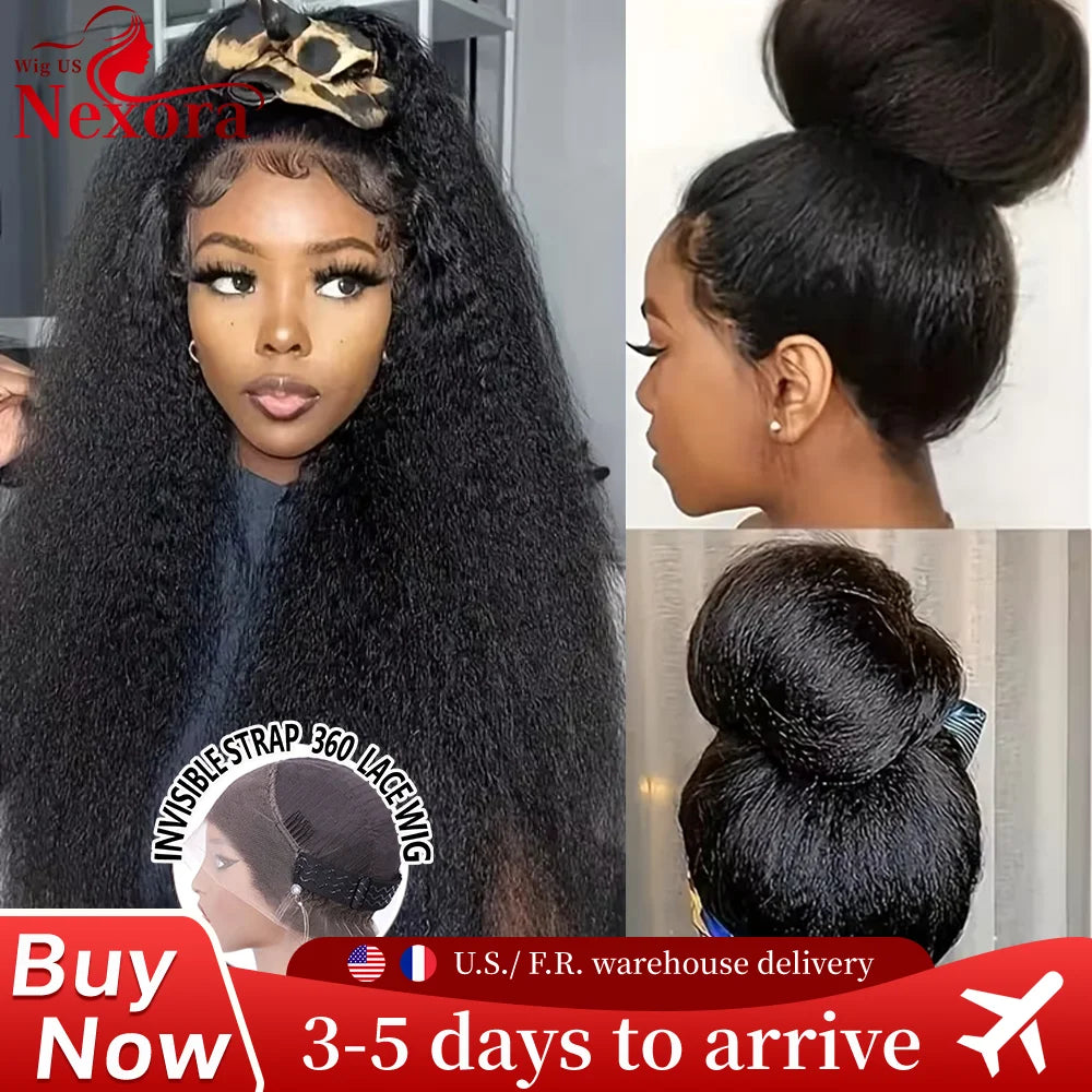 Kinky Straight Invisible Strap 360 Full Lace Wig Human Hair 360 Hd Lace Front Wig 200 Density Natural Color Brazilian Human Hair