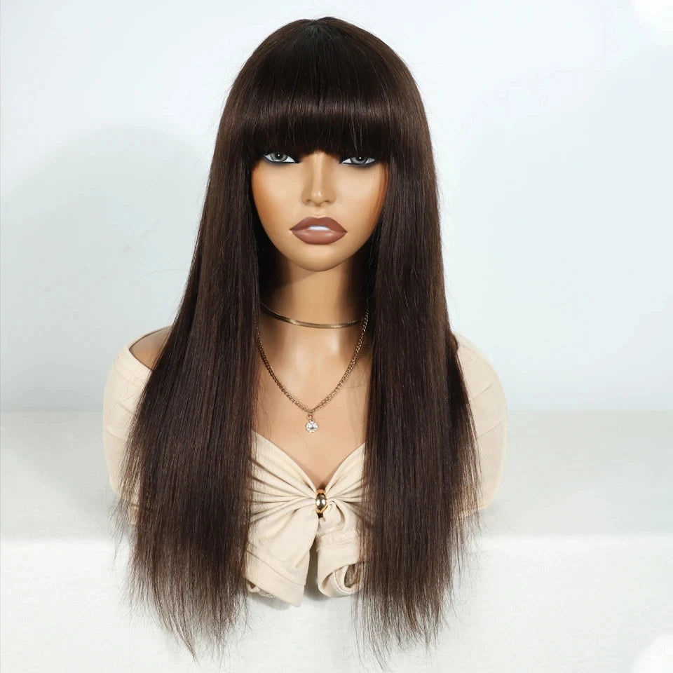 Reddish Brown Bangs Wigs Human Hair Wig Easy Brown Straight Human Hair Wigs with Bangs Affordable Layer Cut Straight Hair Wigs