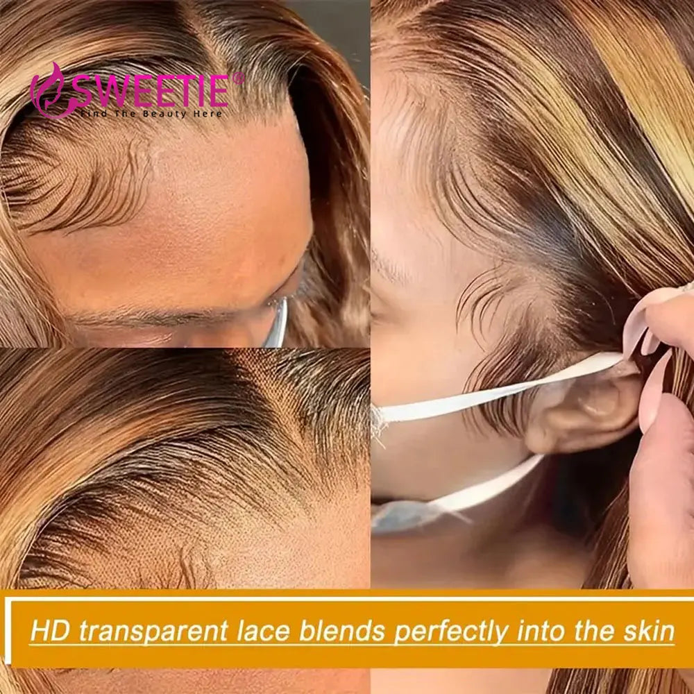34Inch Bone Straight Highlight Lace Front Human Hair 4/27 Ombre 13x6 Lace Frontal Wigs 13x4 Honey Blonde Colored Wigs For Women