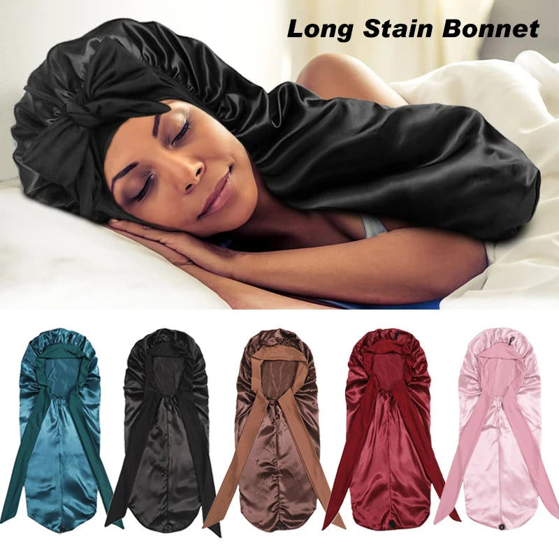 Soft Silky Long Satin Bonnet For Natural Hair And Curly Hair Extra Large Size Hair Cap With Tie For Comfortable Night Sleep 1Pcs