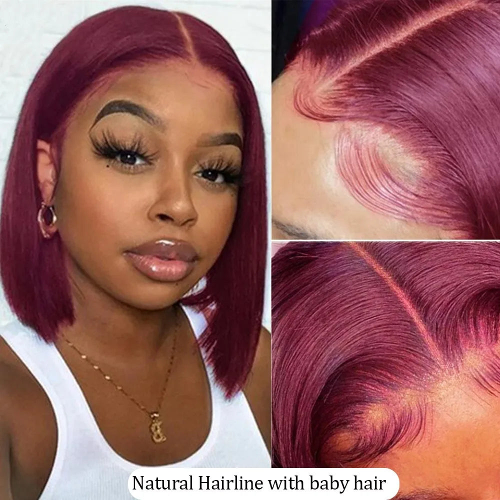 13x4 Burgundy HD Transparent Short Bob Human Hair Wigs Brazilian 99J Straight Colored Bob Lace Front Wigs For Women Pre Plucked