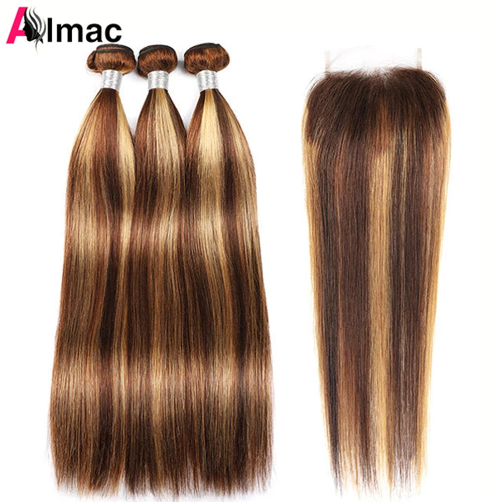 Highlighted Straight Human Hair Bundles With 4x4 HD Lace Closure Pre-Plucked P4/27 Color Peruvian Remy Hair Extention 220g/Set