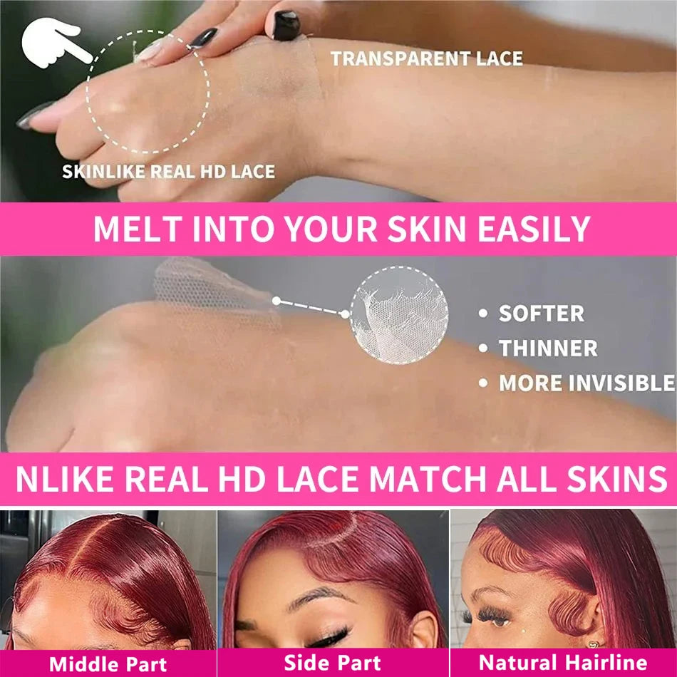 13x4 Burgundy HD Transparent Short Bob Human Hair Wigs Brazilian 99J Straight Colored Bob Lace Front Wigs For Women Pre Plucked