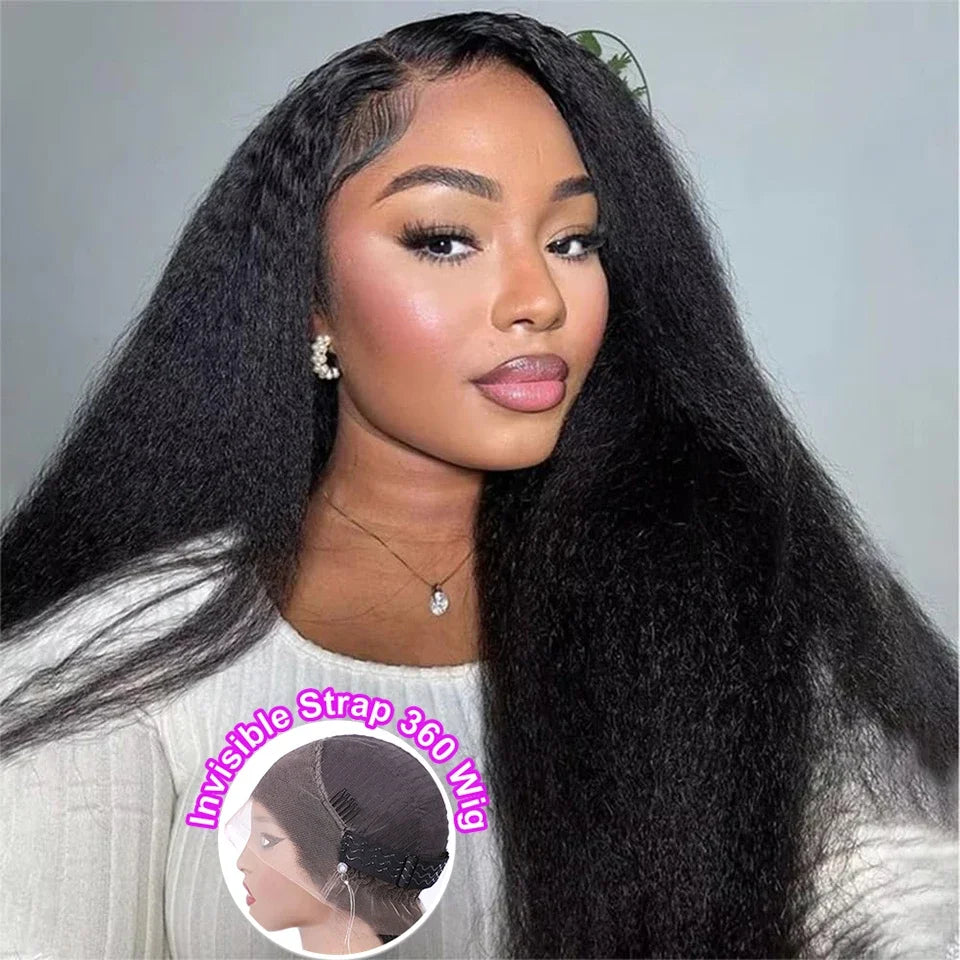 Kinky Straight Invisible Strap 360 Full Lace Wig Human Hair 360 Hd Lace Front Wig 200 Density Natural Color Brazilian Human Hair