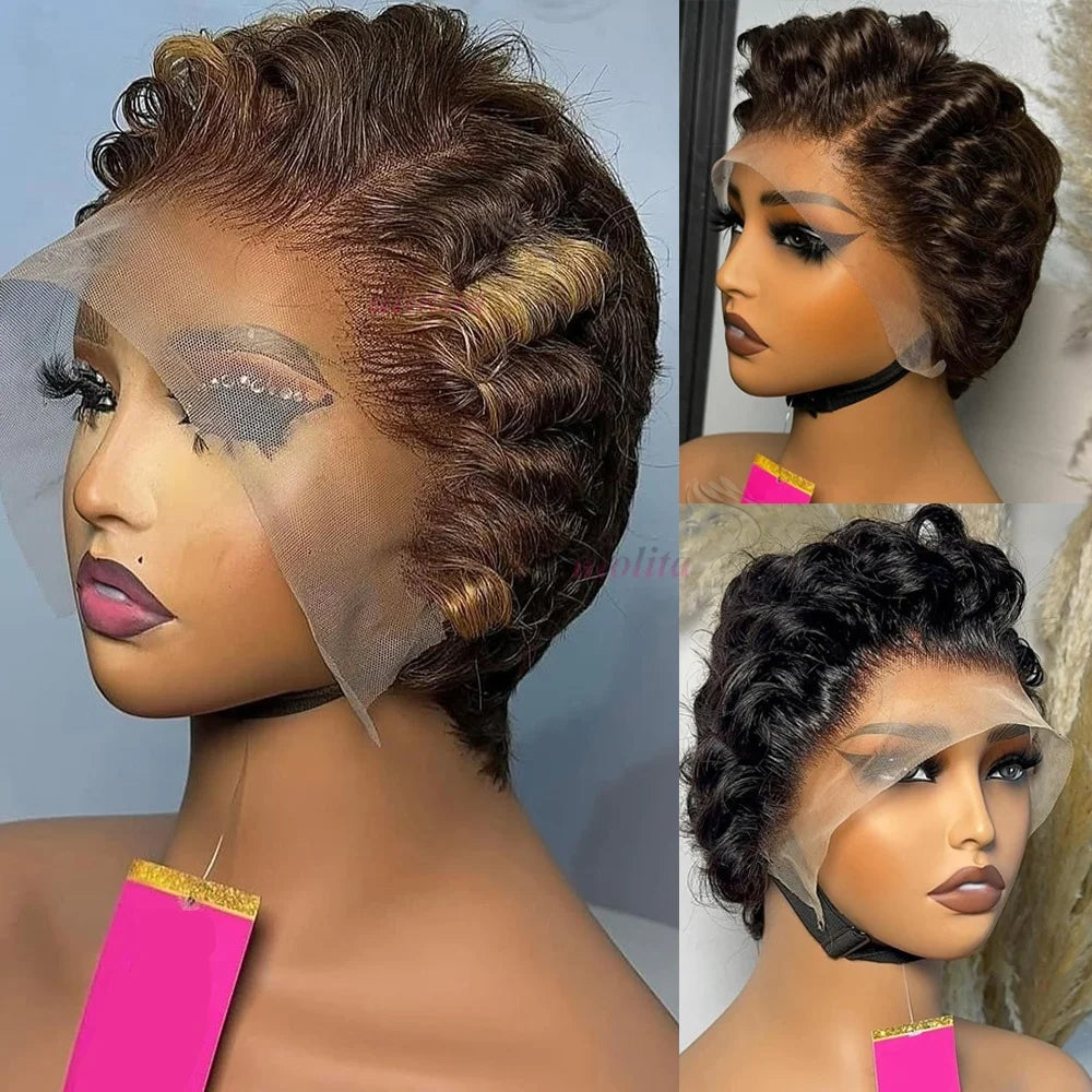 Full Hand Weaving Short Curly Wig 13*4 Lace Frontal Design Brazilian Virgin Remy Human Hair New Style Comfortable & Natural Fit