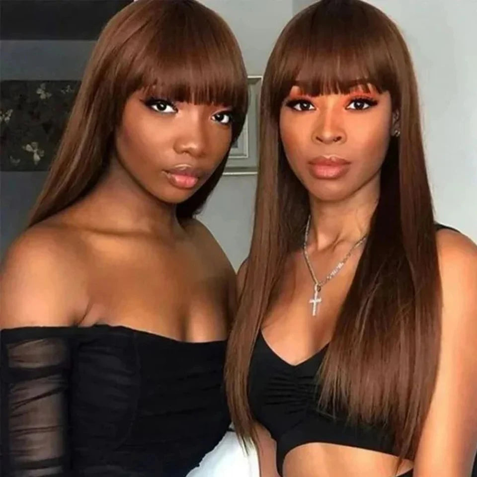 Reddish Brown Bangs Wigs Human Hair Wig Easy Brown Straight Human Hair Wigs with Bangs Affordable Layer Cut Straight Hair Wigs