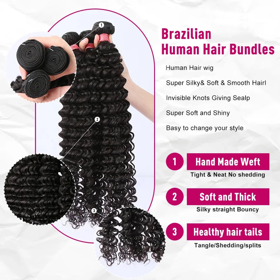 26 34 38 Inch Deep Wave Human Hair Bundles Brazilian Remy Unprocessed Weaving Curly Hair Bundles Weave Extensions Deals