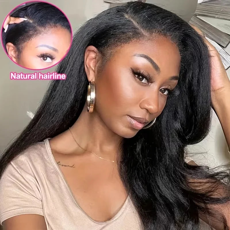 Kinky Straight Invisible Strap 360 Full Lace Wig Human Hair 360 Hd Lace Front Wig 200 Density Natural Color Brazilian Human Hair