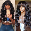 Peruvian Human Hair Wig With Bangs 32 inch Body Wave Hair Wigs For Women Natural Black Machine Made Loose Wave Long Hair Wig