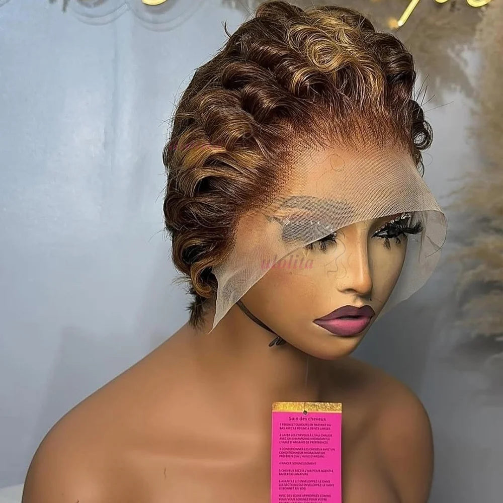 Full Hand Weaving Short Curly Wig 13*4 Lace Frontal Design Brazilian Virgin Remy Human Hair New Style Comfortable & Natural Fit
