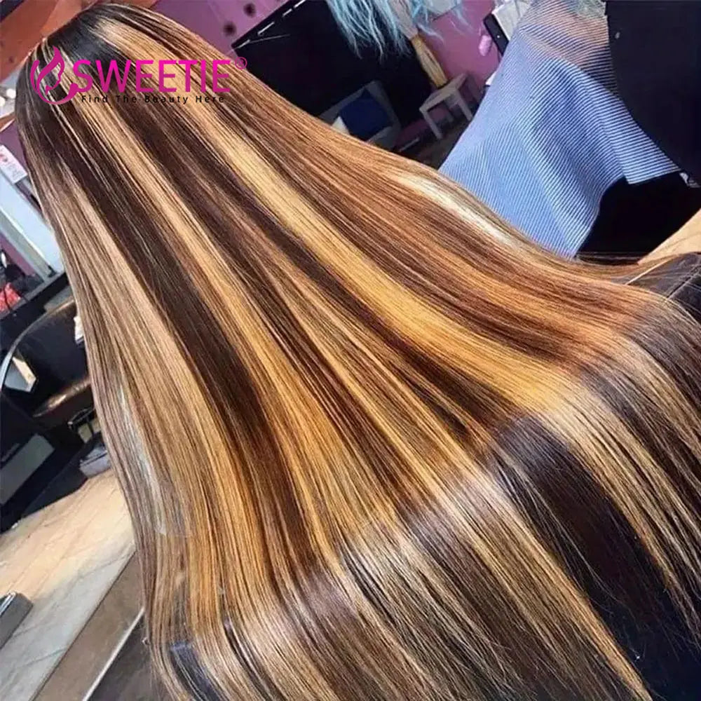 34Inch Bone Straight Highlight Lace Front Human Hair 4/27 Ombre 13x6 Lace Frontal Wigs 13x4 Honey Blonde Colored Wigs For Women