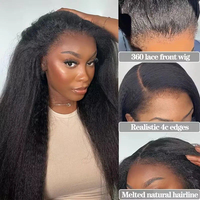 Kinky Straight Invisible Strap 360 Full Lace Wig Human Hair 360 Hd Lace Front Wig 200 Density Natural Color Brazilian Human Hair