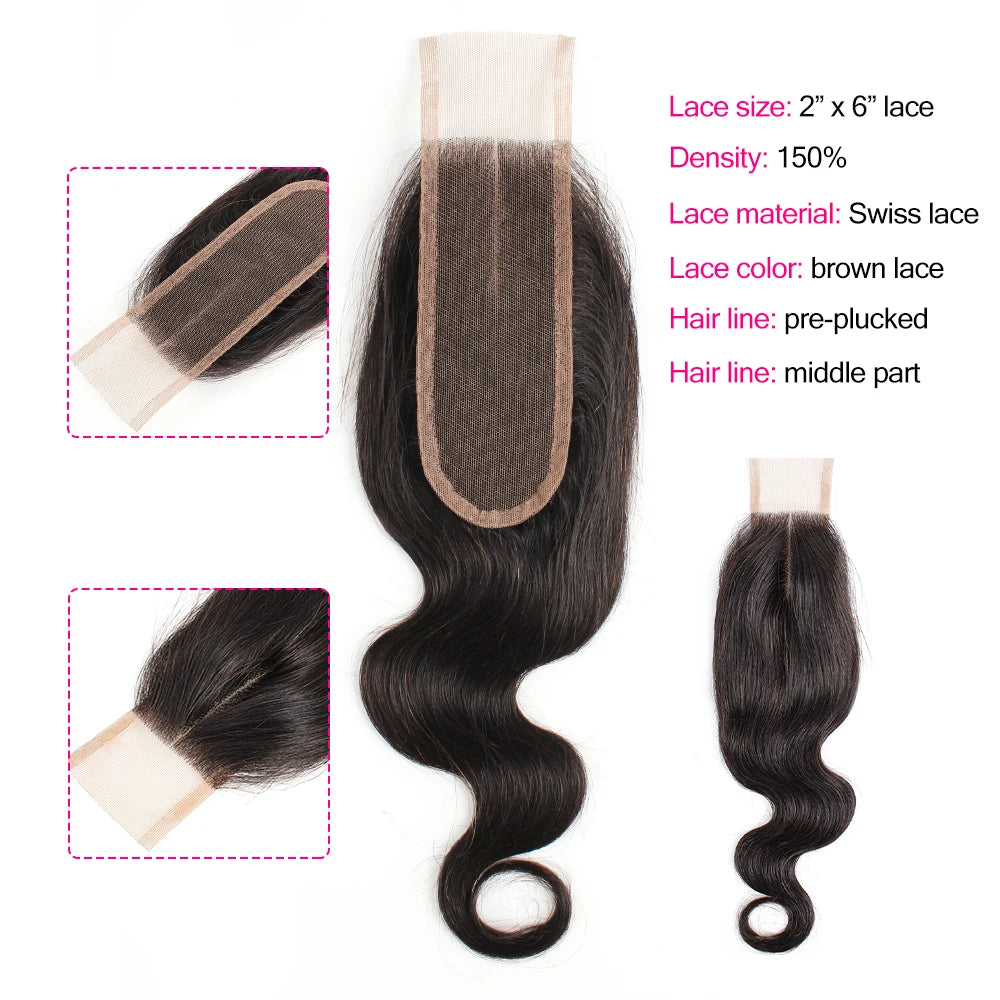 Straight 2x6 Lace Closure Body Wave 2*6 Closures Remy Indian Human Hair Transparent 150% Density Deep Middle Part Laces