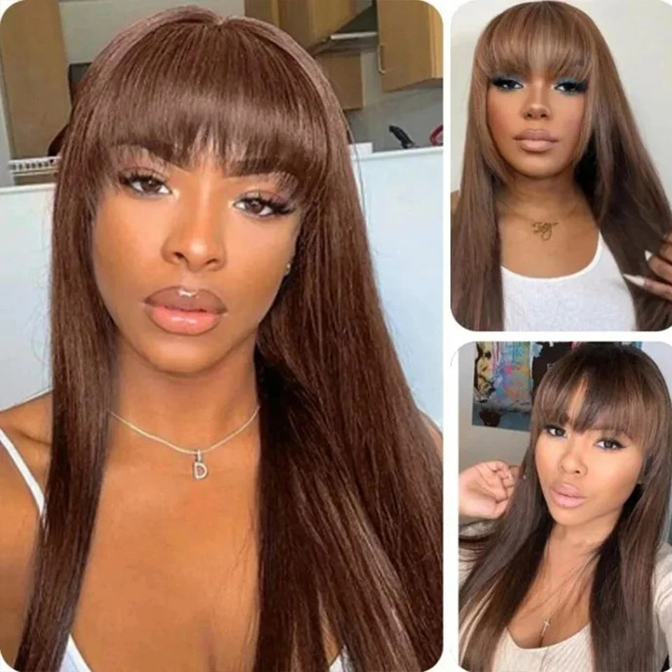 Reddish Brown Bangs Wigs Human Hair Wig Easy Brown Straight Human Hair Wigs with Bangs Affordable Layer Cut Straight Hair Wigs