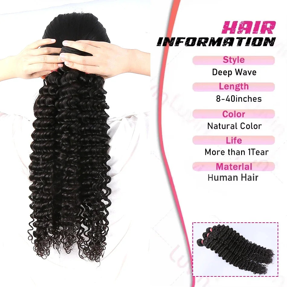 26 34 38 Inch Deep Wave Human Hair Bundles Brazilian Remy Unprocessed Weaving Curly Hair Bundles Weave Extensions Deals