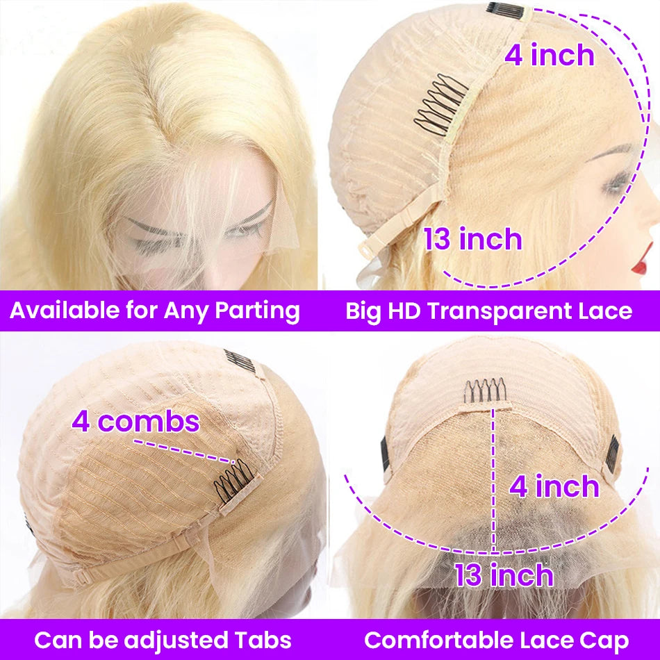 13x4 HD Transparent 613 Blonde Lace Frontal Human Hair Wigs 613  Wig Brazilian Bone body wave Lace Front Human Hair Wigs