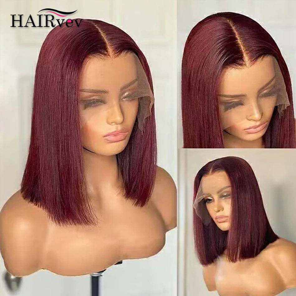 13x4 Burgundy HD Transparent Short Bob Human Hair Wigs Brazilian 99J Straight Colored Bob Lace Front Wigs For Women Pre Plucked