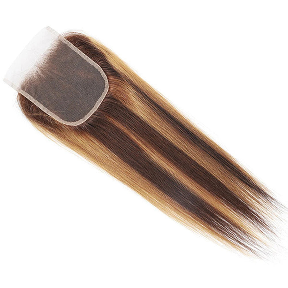Highlighted Straight Human Hair Bundles With 4x4 HD Lace Closure Pre-Plucked P4/27 Color Peruvian Remy Hair Extention 220g/Set