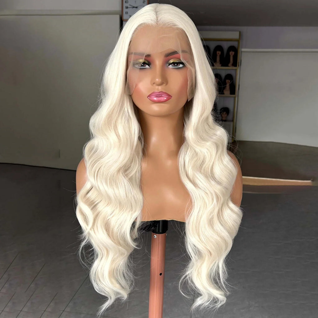 Curly Wavy Long Blonde Wig for Women Middle Part Synthetic Lace Front Wig Loose Body Wave 13X4 Lace Frontal Wig for Daily Party