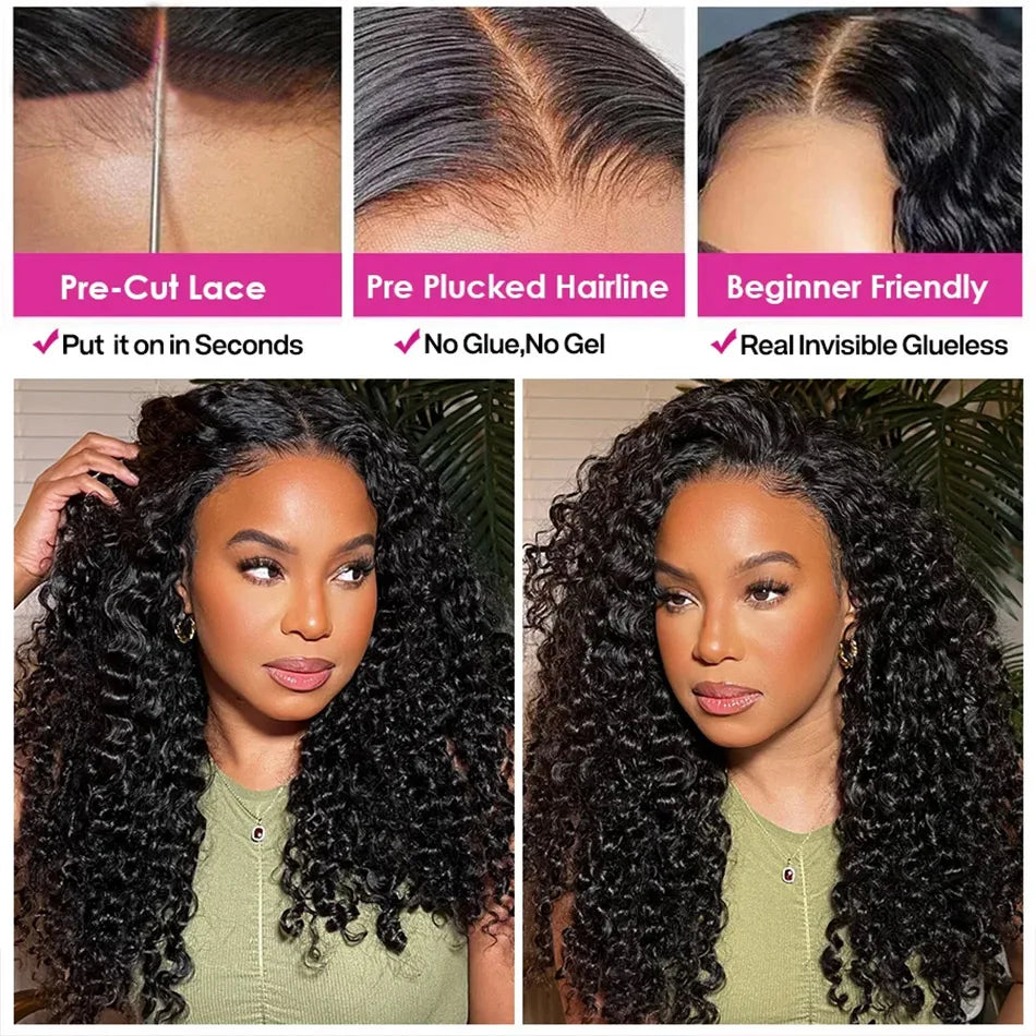 Glueless Wigs Human Hair Ready To Wear Water Wave Glueless Wigs Pre Plucked Pre Cut Lace 5x7 Kinky Curly Wigs For Women On Sale