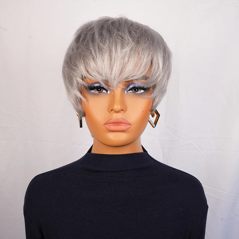 Silvery Grey Pixie Cut Human Hair Wig with Bangs Remy Brazilian Glueless Short Layered Pixie Cut Wig Straight Bob for Women