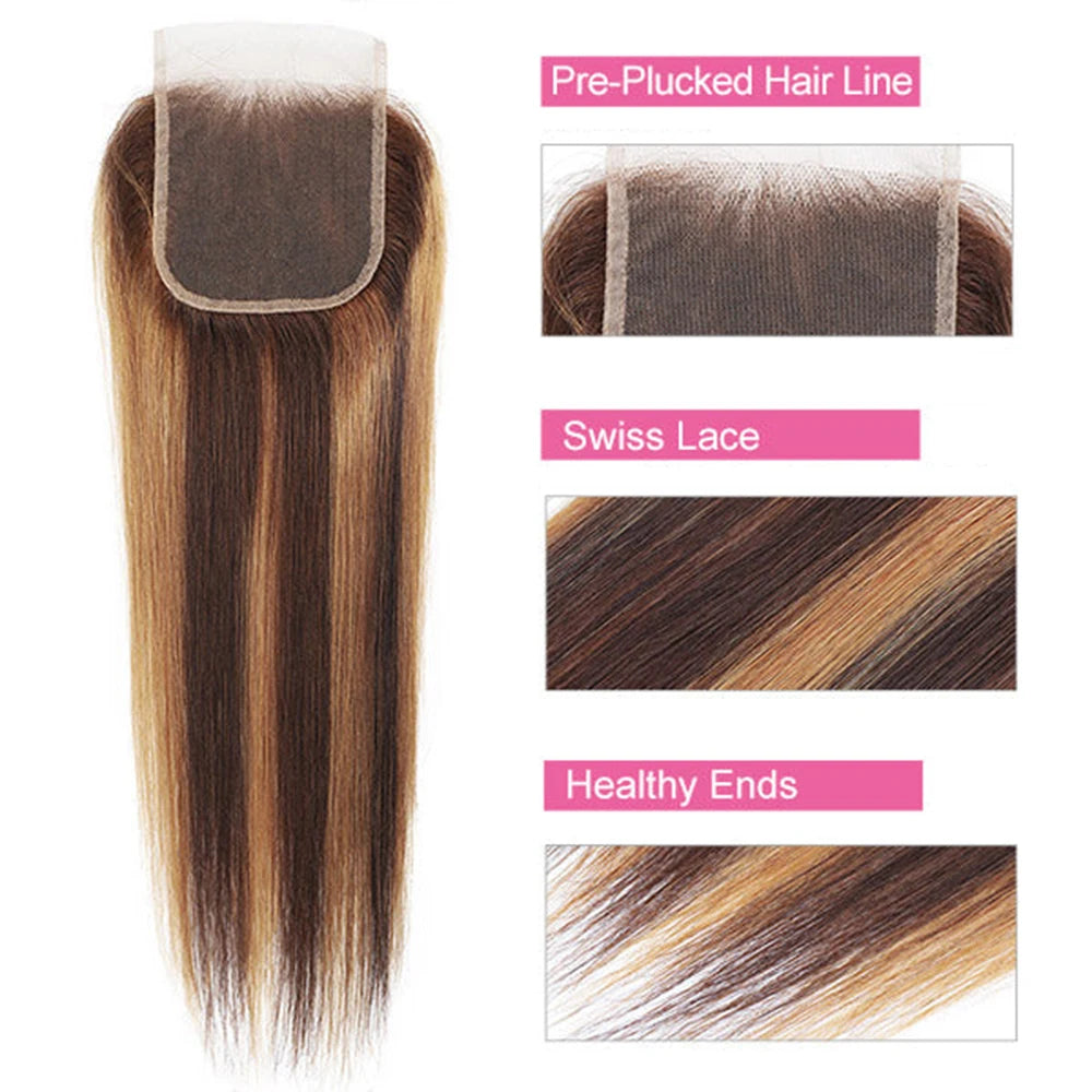 Highlighted Straight Human Hair Bundles With 4x4 HD Lace Closure Pre-Plucked P4/27 Color Peruvian Remy Hair Extention 220g/Set