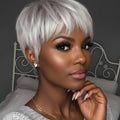 Silvery Grey Pixie Cut Human Hair Wig with Bangs Remy Brazilian Glueless Short Layered Pixie Cut Wig Straight Bob for Women