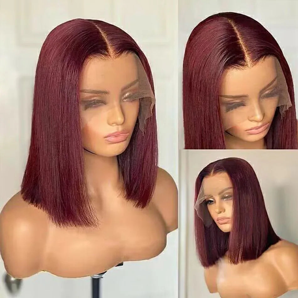 13x4 Burgundy HD Transparent Short Bob Human Hair Wigs Brazilian 99J Straight Colored Bob Lace Front Wigs For Women Pre Plucked