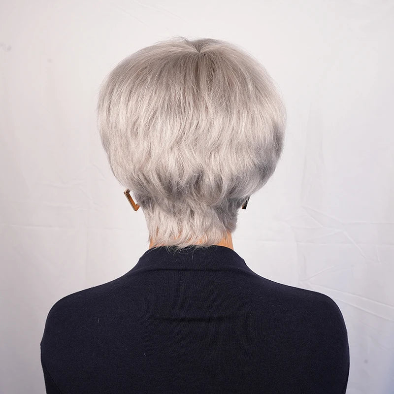Silvery Grey Pixie Cut Human Hair Wig with Bangs Remy Brazilian Glueless Short Layered Pixie Cut Wig Straight Bob for Women