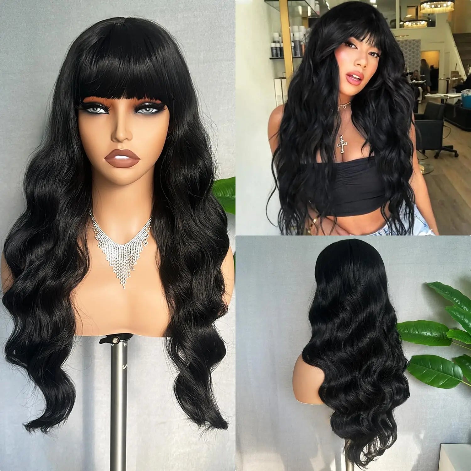 Peruvian Human Hair Wig With Bangs 32 inch Body Wave Hair Wigs For Women Natural Black Machine Made Loose Wave Long Hair Wig