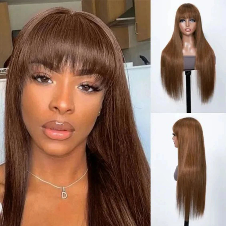 Reddish Brown Bangs Wigs Human Hair Wig Easy Brown Straight Human Hair Wigs with Bangs Affordable Layer Cut Straight Hair Wigs