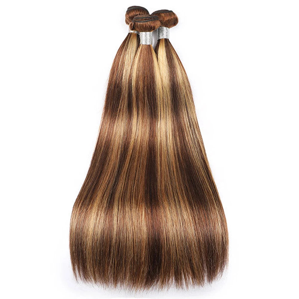 Highlighted Straight Human Hair Bundles With 4x4 HD Lace Closure Pre-Plucked P4/27 Color Peruvian Remy Hair Extention 220g/Set