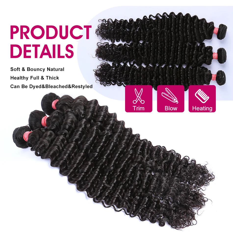 26 34 38 Inch Deep Wave Human Hair Bundles Brazilian Remy Unprocessed Weaving Curly Hair Bundles Weave Extensions Deals