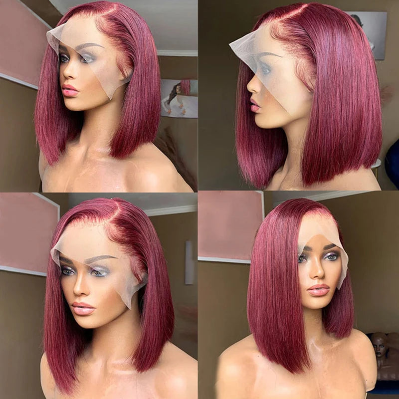 13x4 Burgundy HD Transparent Short Bob Human Hair Wigs Brazilian 99J Straight Colored Bob Lace Front Wigs For Women Pre Plucked