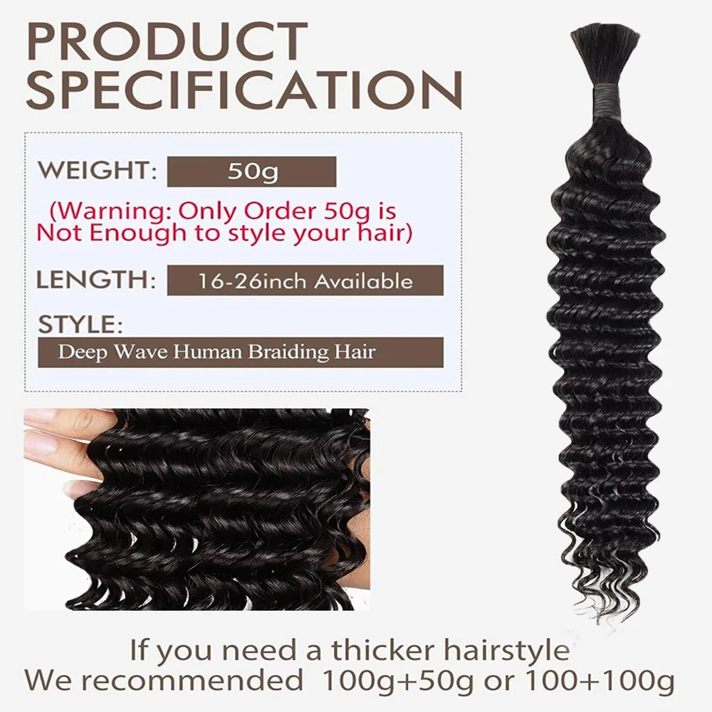 Human Braiding Hair for Boho Braids Bohemian Deep Wave Bulk 100g Human Hair for Braiding Wet and Wave Human Culry Hair for Boho