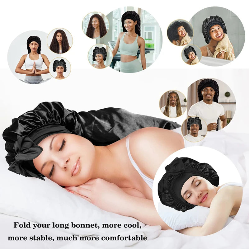 Soft Silky Long Satin Bonnet For Natural Hair And Curly Hair Extra Large Size Hair Cap With Tie For Comfortable Night Sleep 1Pcs