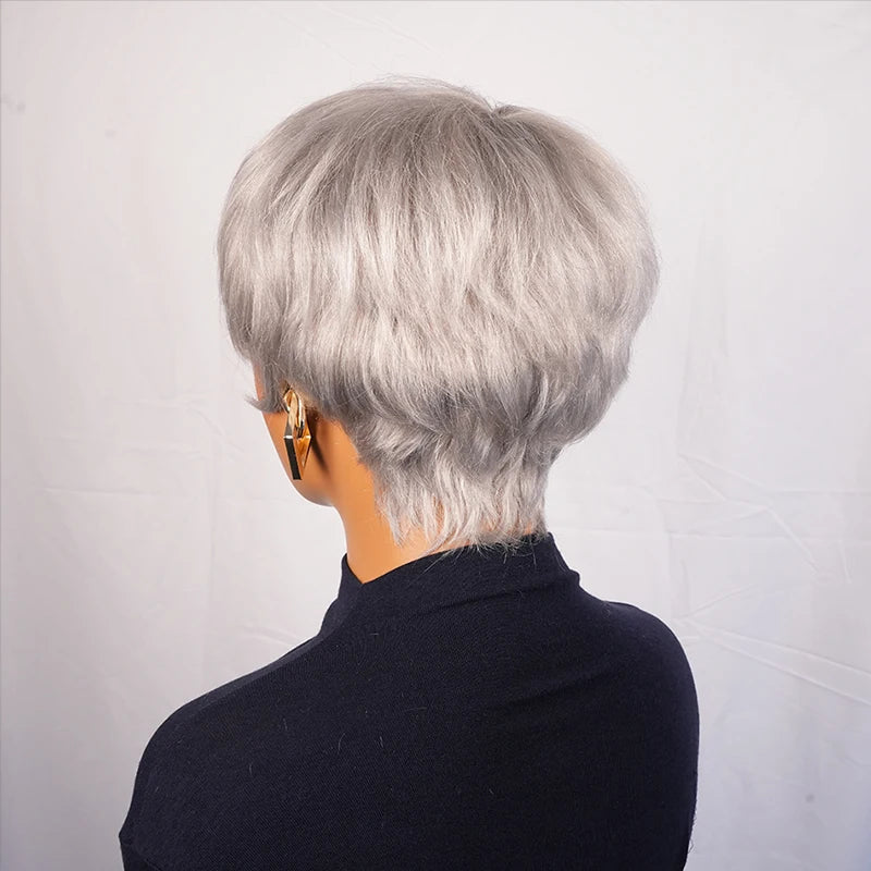 Silvery Grey Pixie Cut Human Hair Wig with Bangs Remy Brazilian Glueless Short Layered Pixie Cut Wig Straight Bob for Women